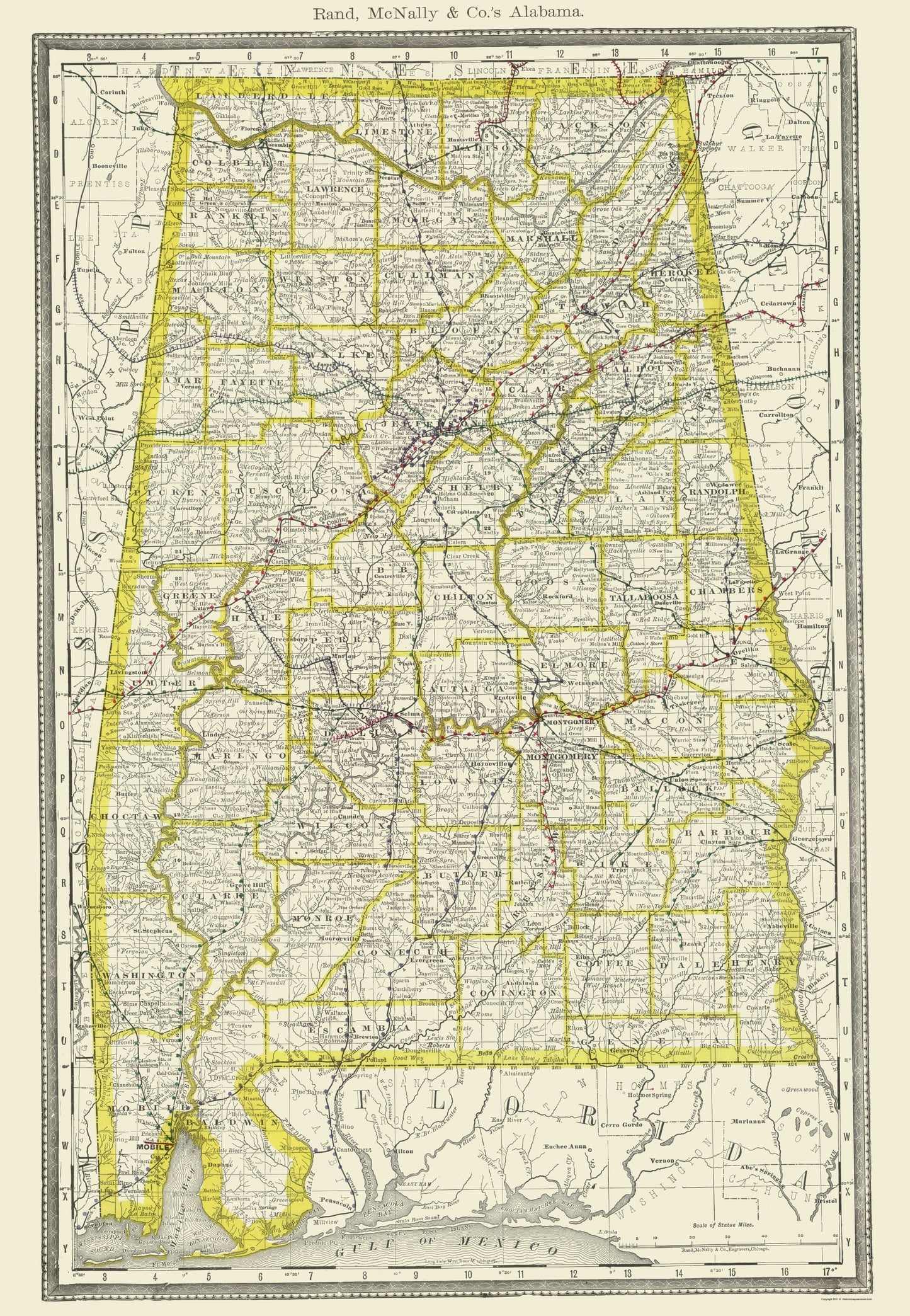 Historic State Map - Alabama - Rand McNally 1890 - 23 x 33.26 - Vintage Wall Art