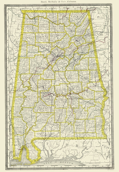 Historic State Map - Alabama - Rand McNally 1890 - 23 x 33.26 - Vintage Wall Art