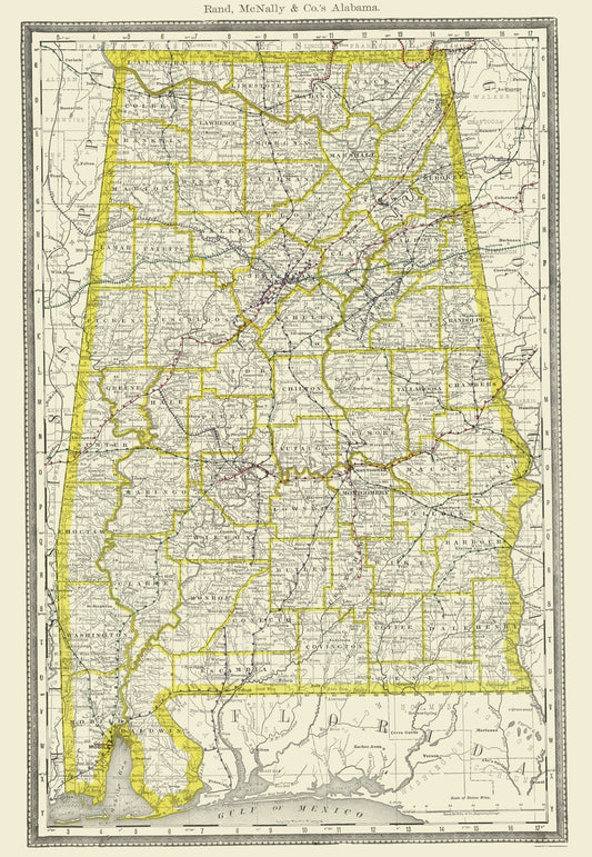 Historic State Map - Alabama - Rand McNally 1890 - 23 x 33.26 - Vintage Wall Art