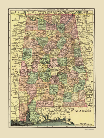 Historic State Map - Alabama - Cram 1909 - 23 x 30.45 - Vintage Wall Art