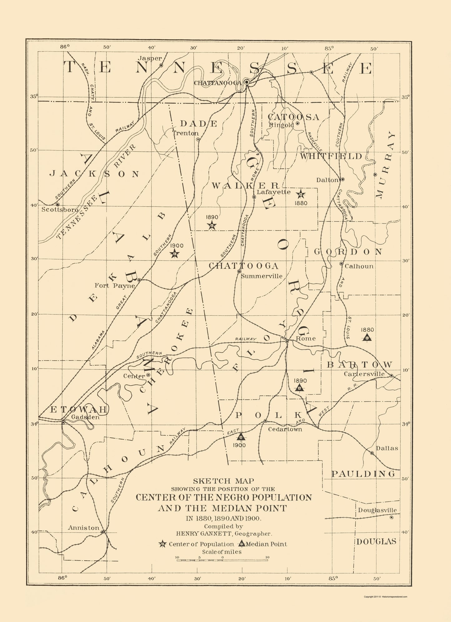 Historic State Map - Alabama Tennessee Georgia Negro Population - US Census 1903 - 23 x 31 - Vintage Wall Art