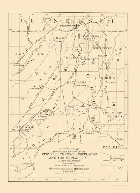 Historic State Map - Alabama Tennessee Georgia Negro Population - US Census 1903 - 23 x 31 - Vintage Wall Art