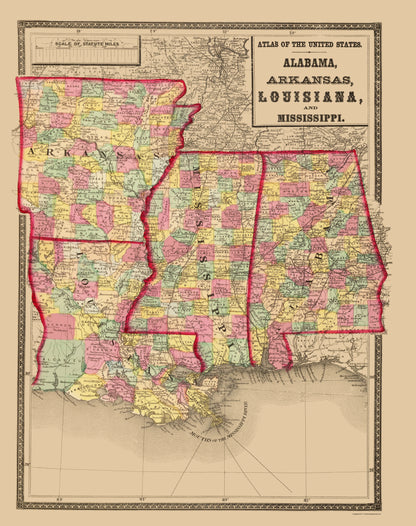 Historic State Map - Alabama Arkansas Louisiana Mississippi - Stedman 1873 - 23 x 29 - Vintage Wall Art