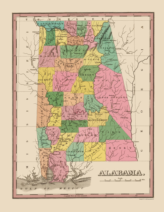 Historic State Map - Alabama - Finley 1824 - 23 x 29.64 - Vintage Wall Art