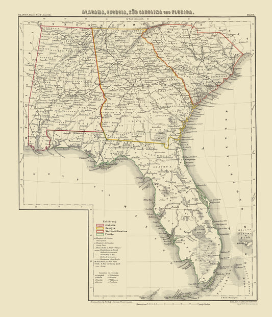 Historic State Map - Alabama Georgia South Carolina Florida - Kraatz1854 - 23 x 26 - Vintage Wall Art