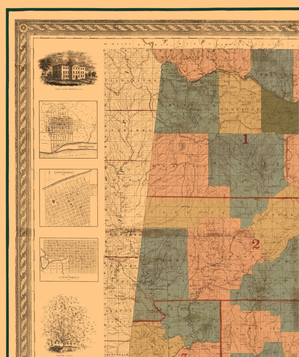 Historic State Map - Alabama West Florida - Tourette 1838 - 23 x 27.47 - Vintage Wall Art