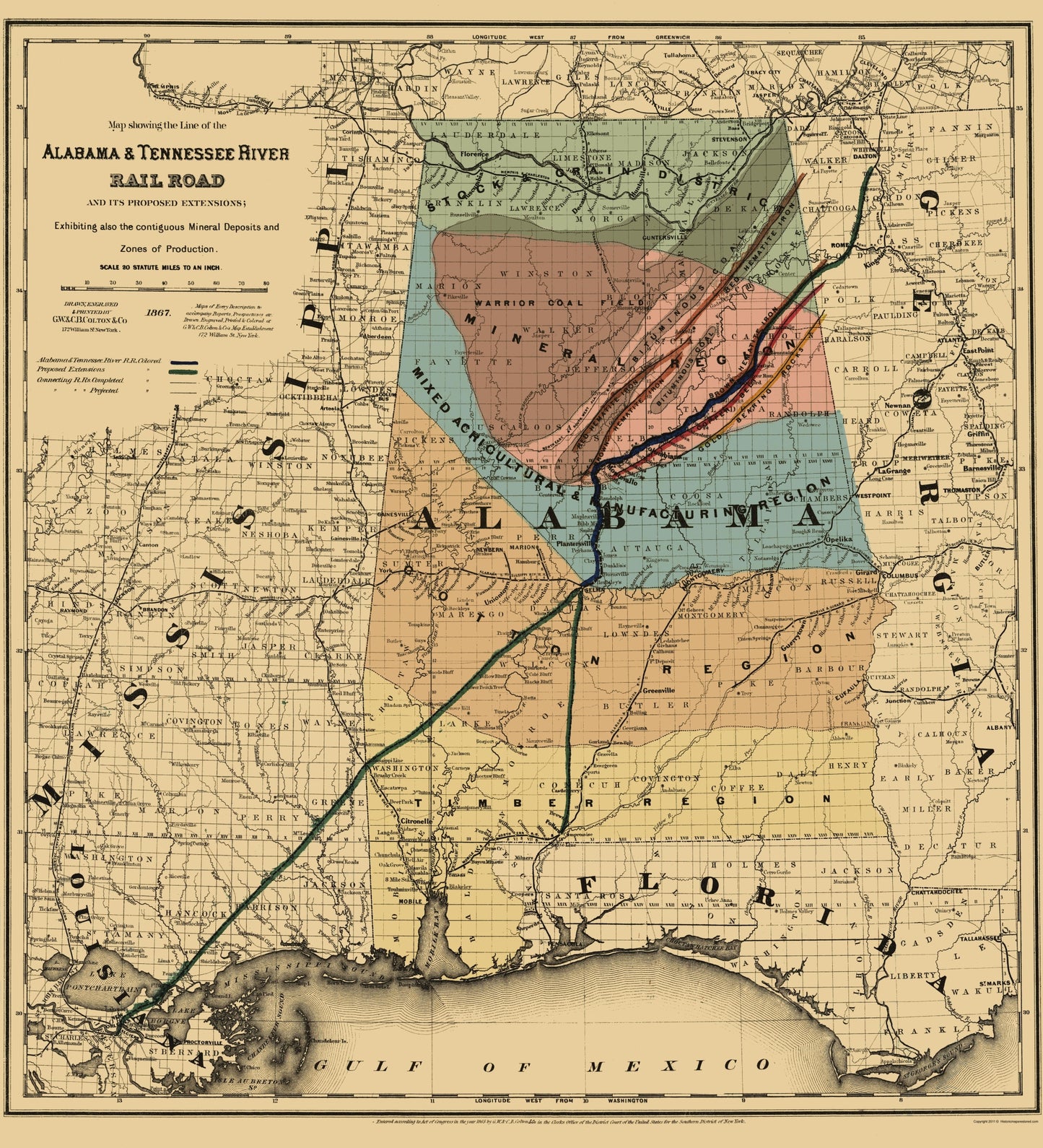 Railroad Map - Alabama and Tennessee River Railroad - Colton 1865 - 23 x 25 - Vintage Wall Art