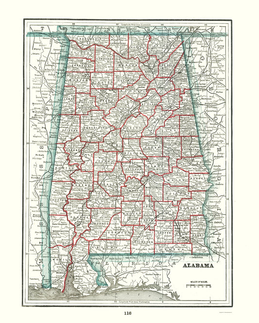 Historic State Map - Alabama - Rathbun 1893 - 23 x 28.67 - Vintage Wall Art