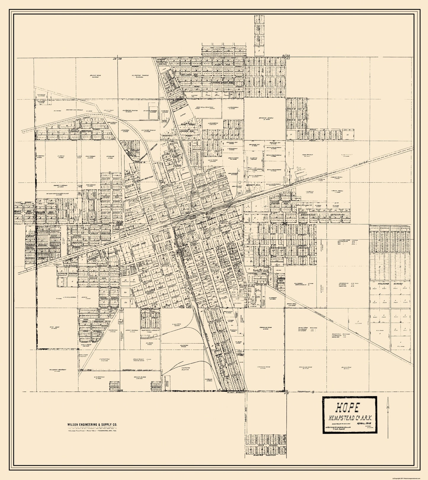 Historic City Map - Hope Arkansas - Knobel 1916 - 23 x 25.75 - Vintage Wall Art