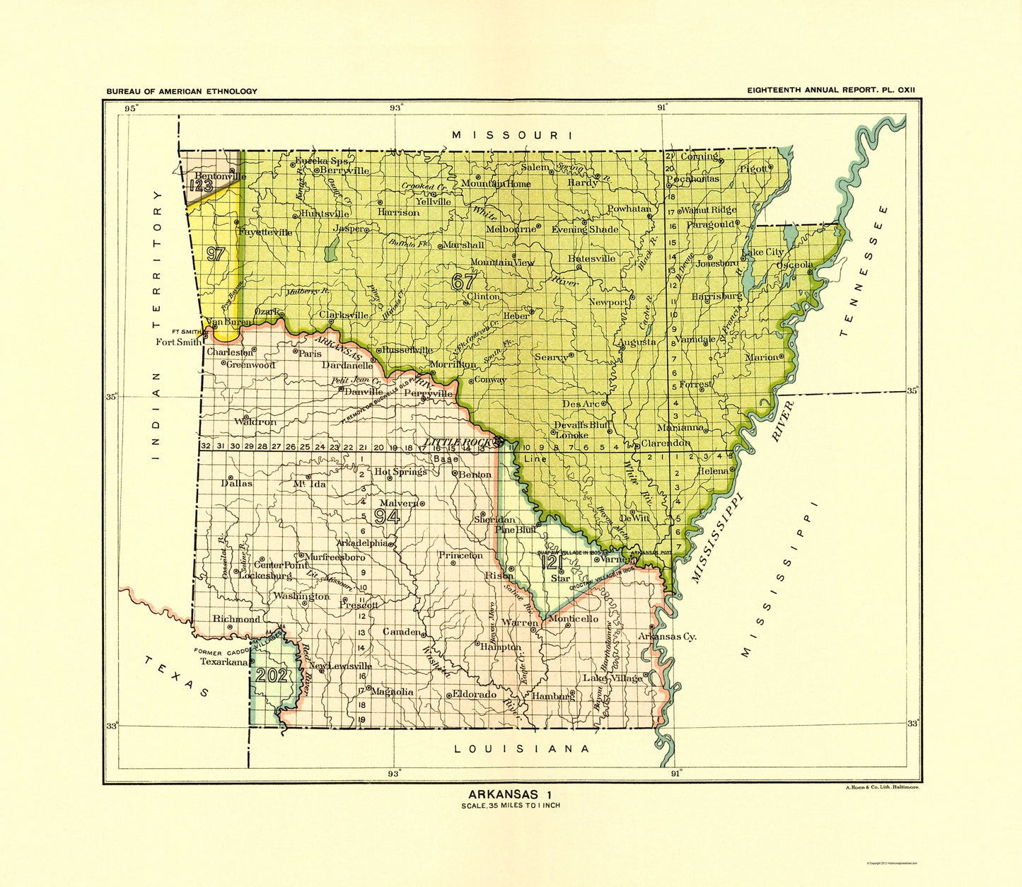 Historic State Map - Arkansas Indian Land Cession - Hoen 1896 - 23 x 26.51 - Vintage Wall Art