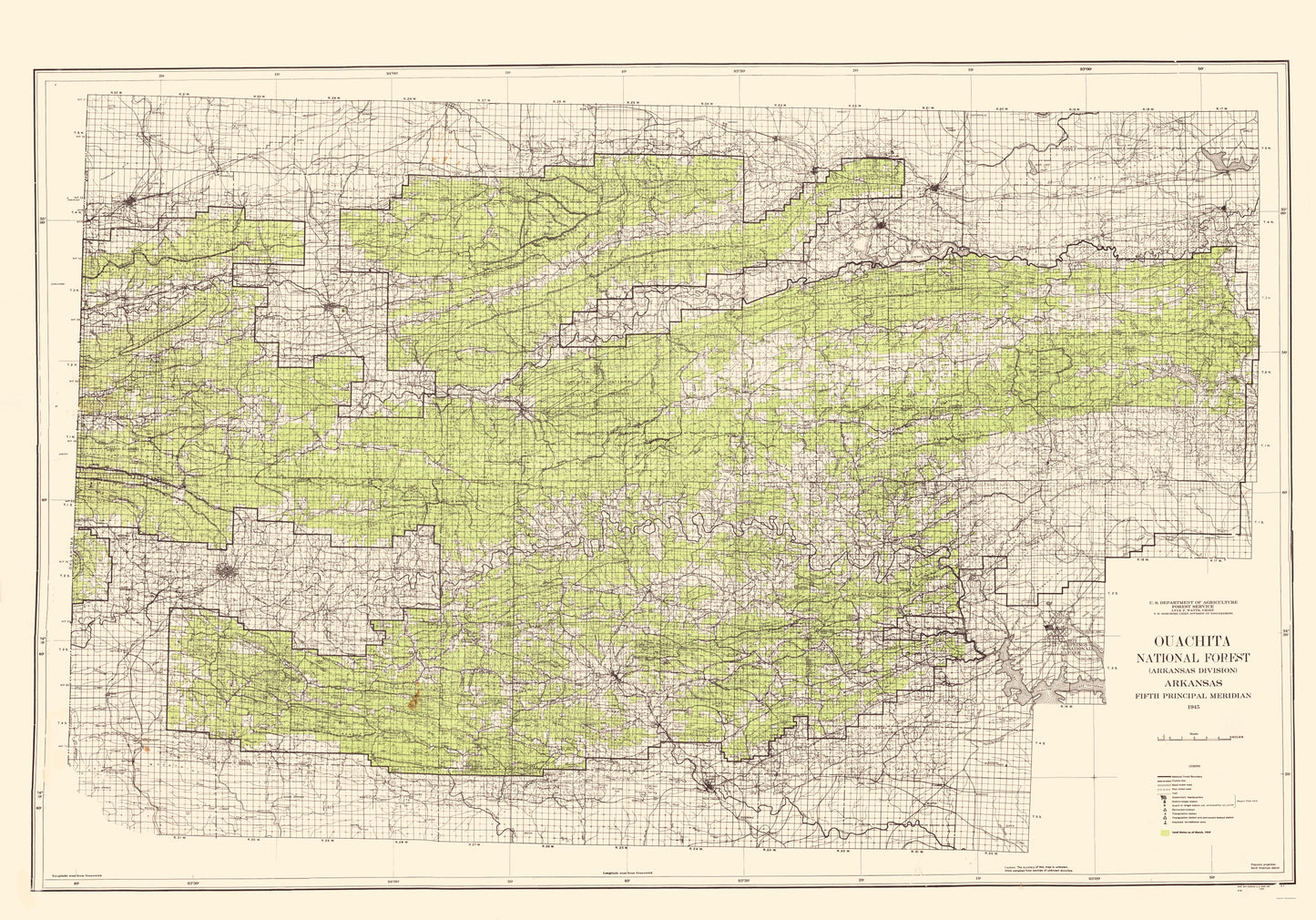 Topographical Map - Ouachita National Forest Arkansas - USGS 1945 - 23 x 32.90 - Vintage Wall Art