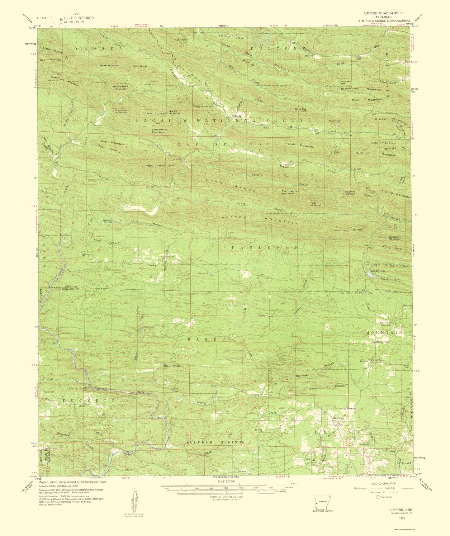 Topographical Map - Umpire Arkansas Quad - USGS 1960 - 23 x 27.39 - Vintage Wall Art