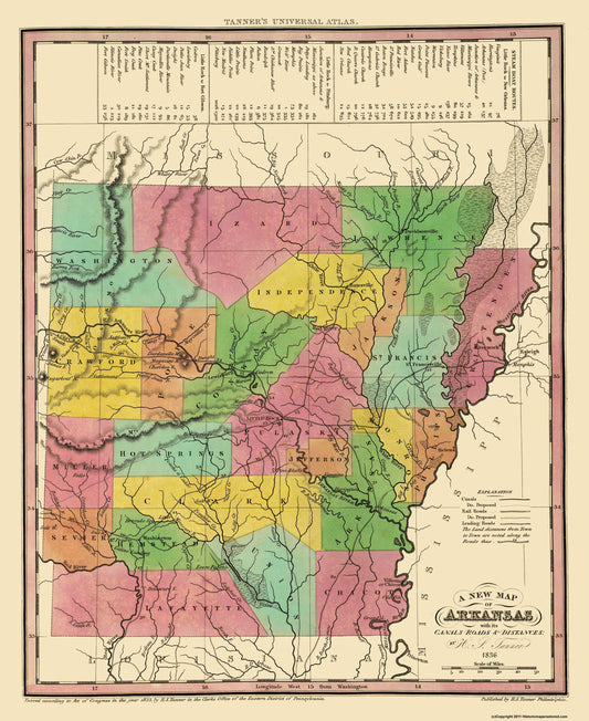 Historic State Map - Arkansas - Tanner 1836 - 23 x 28.13 - Vintage Wall Art