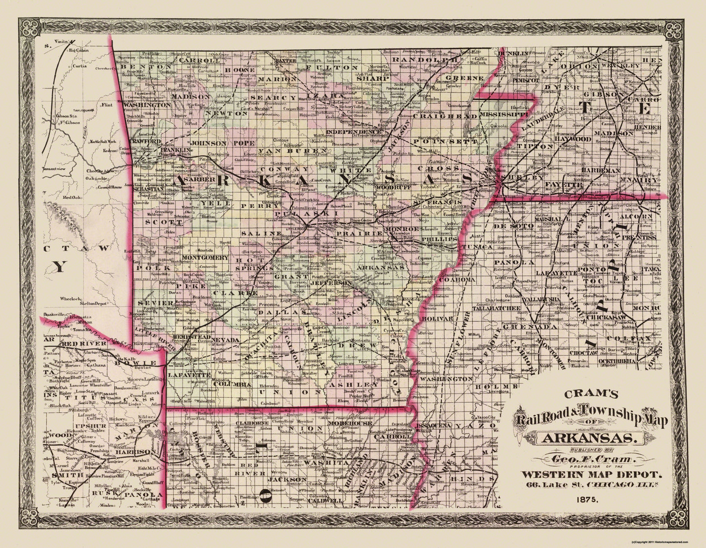 Historic State Map - Arkansas - Cram 1875 - 29.63 x 23 - Vintage Wall Art