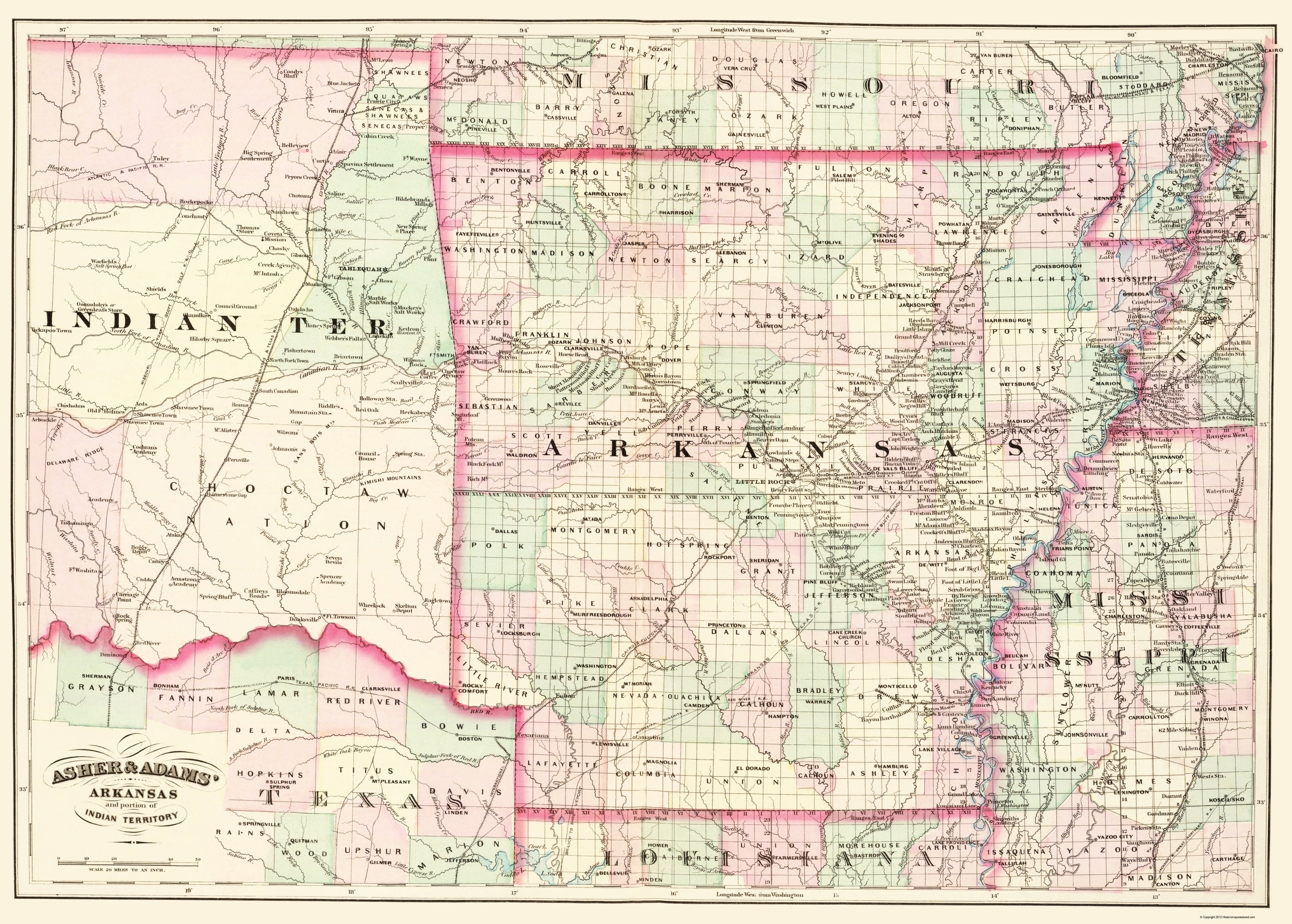 Historic State Map - Arkansas Indian Territory - Asher 1874 - 23 x 32 ...