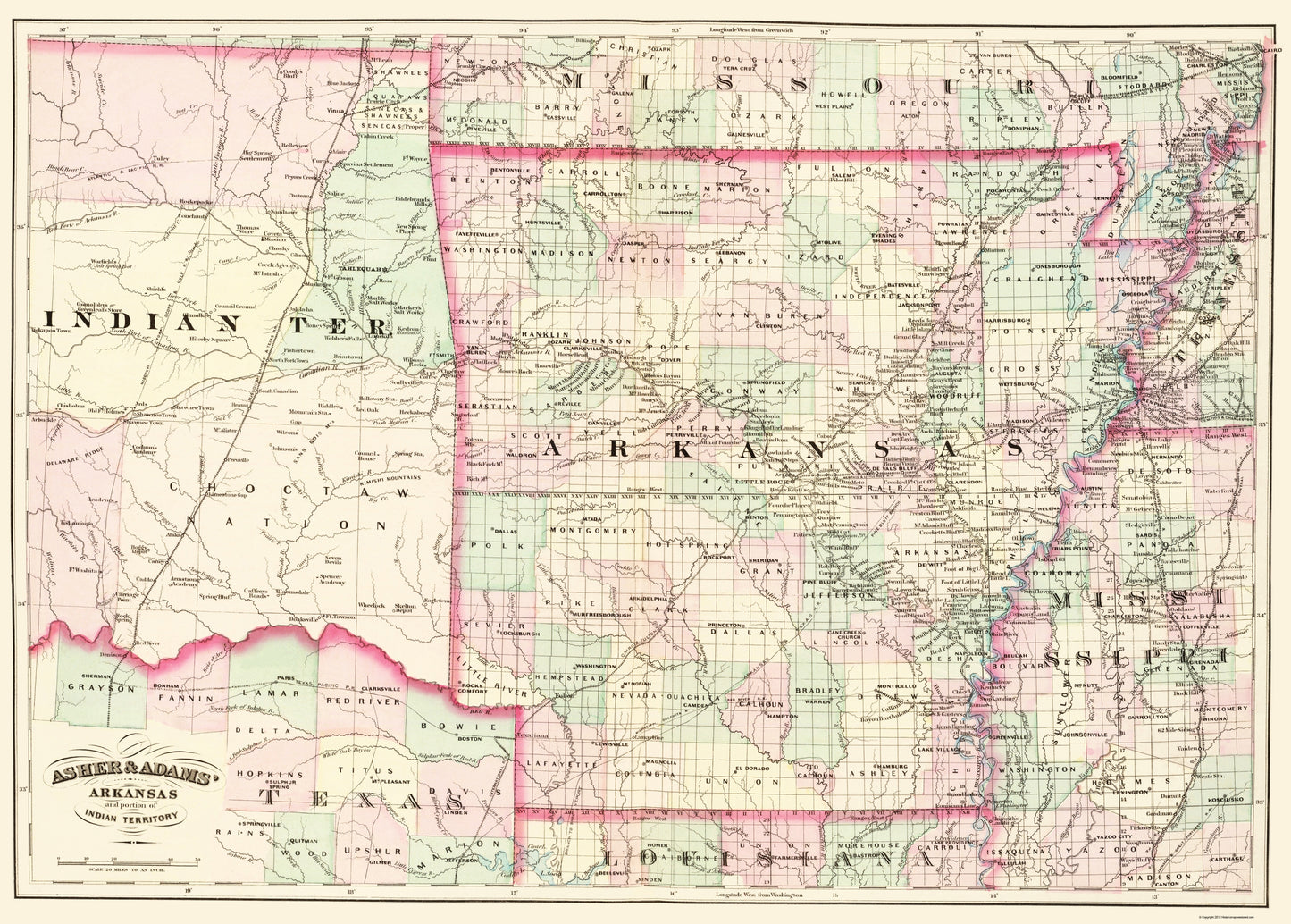 Historic State Map - Arkansas Indian Territory - Asher  1874 - 23 x 32.16 - Vintage Wall Art