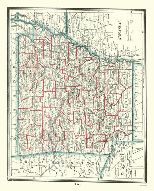 Historic State Map - Arkansas - Rathbun 1893 - 23 x 28.54 - Vintage Wall Art