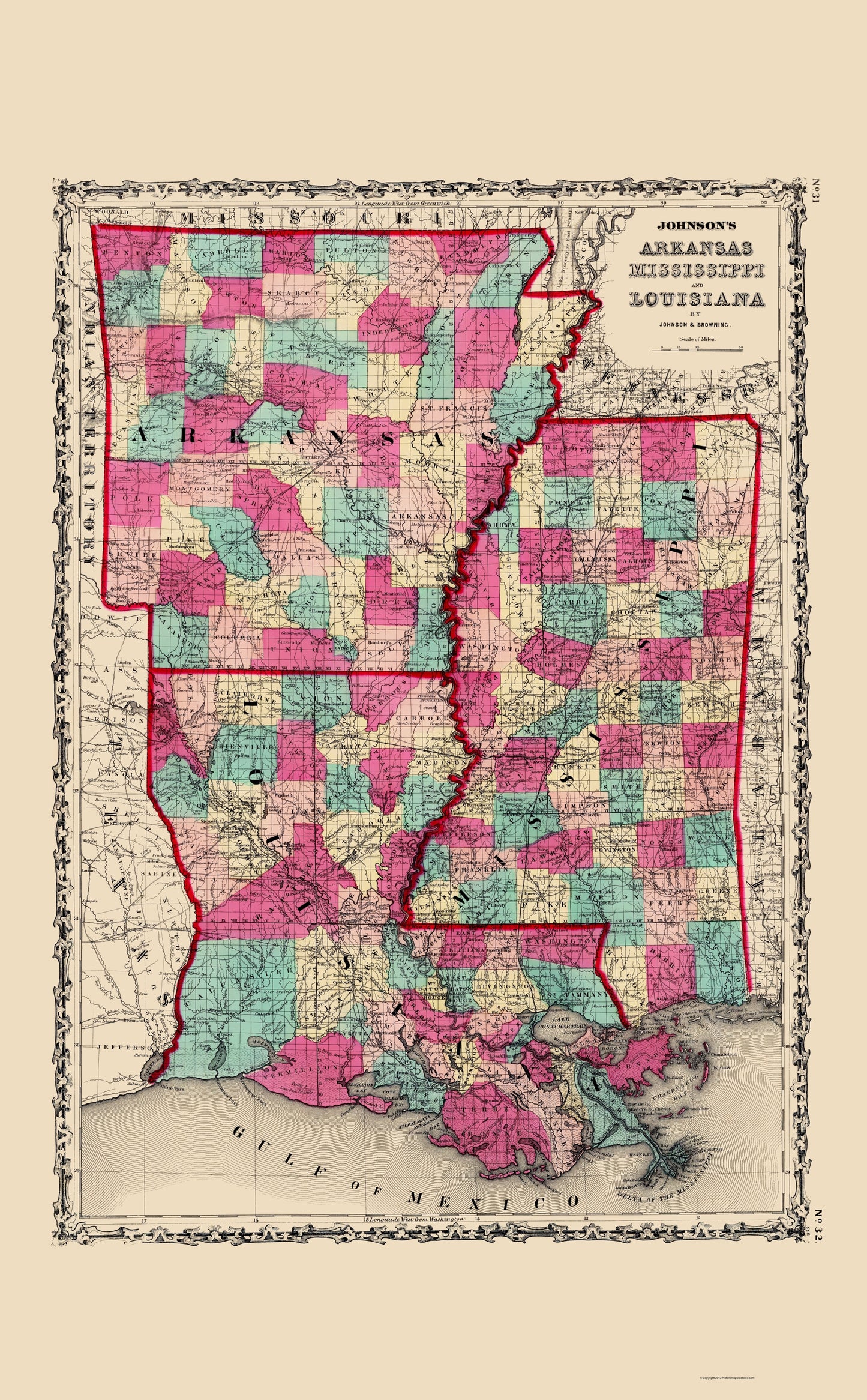 Historic State Map - Arkansas Mississippi Louisiana - Johnson 1860 - 23 x 37.11 - Vintage Wall Art