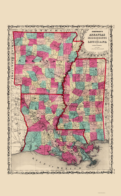 Historic State Map - Arkansas Mississippi Louisiana - Johnson 1860 - 23 x 37.11 - Vintage Wall Art