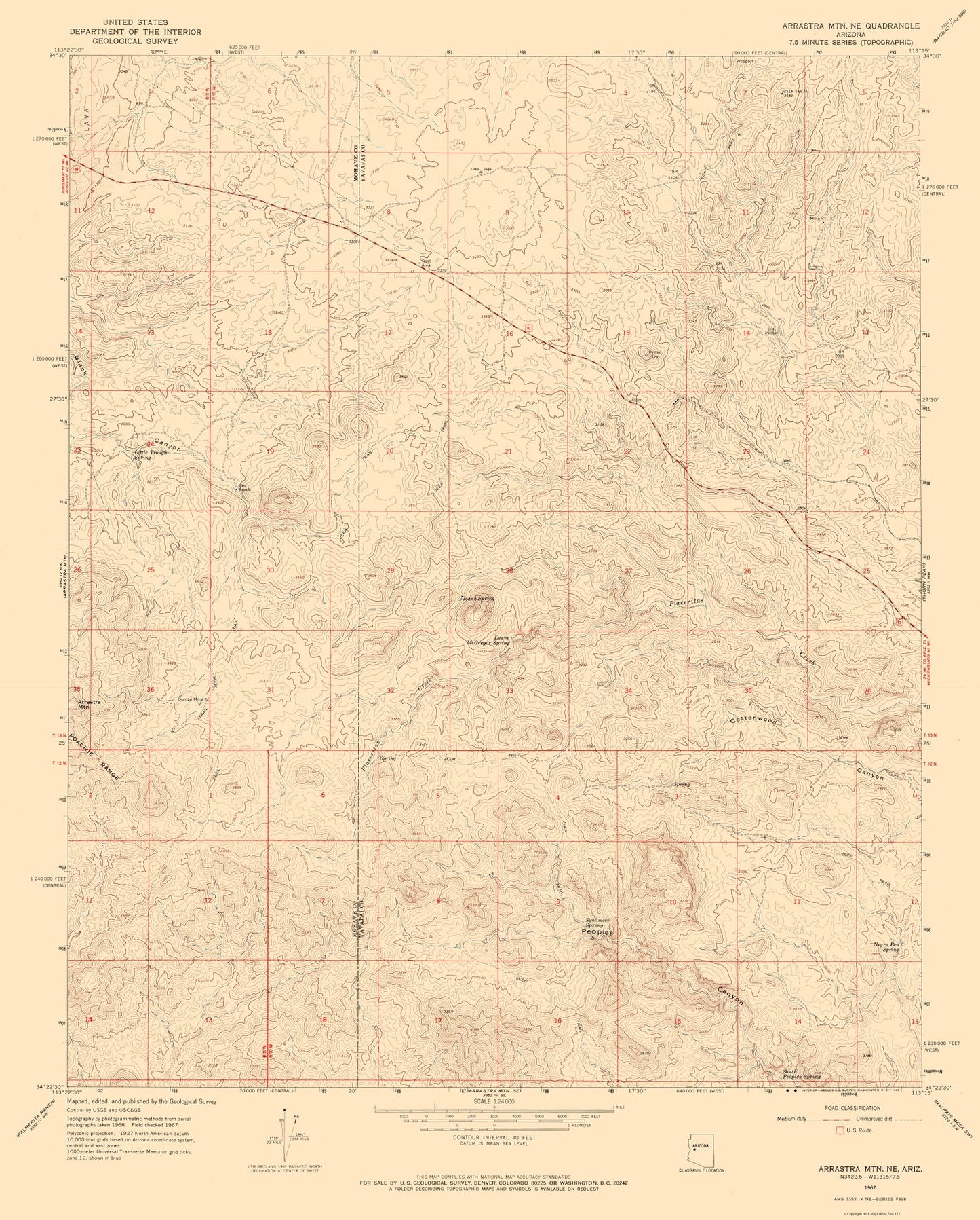 Topographical Map - North East Arrastra Mountains Arizona Quad - USGS 1967 - 23 x 28.61 - Vintage Wall Art