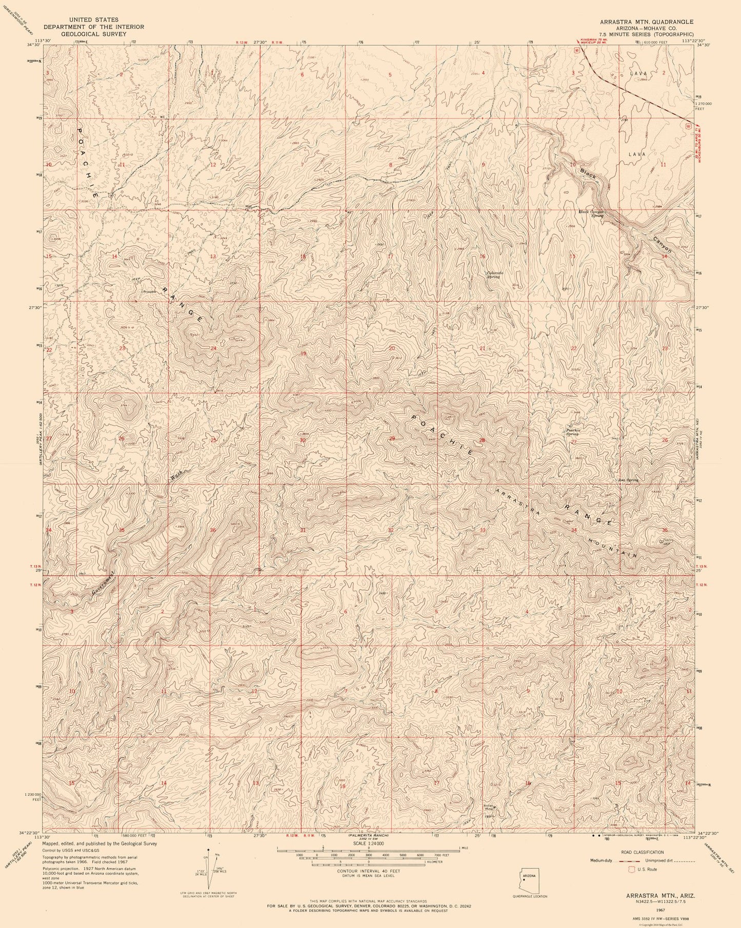 Topographical Map - Arrastra Mountains Arizona Quad - USGS 1967 - 23 x 28.78 - Vintage Wall Art