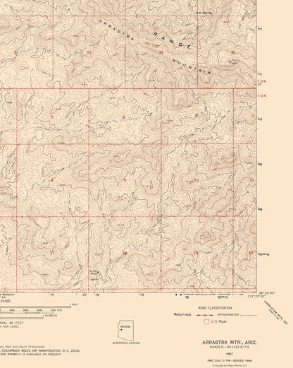 Topographical Map - Arrastra Mountains Arizona Quad - USGS 1967 - 23 x 28.78 - Vintage Wall Art