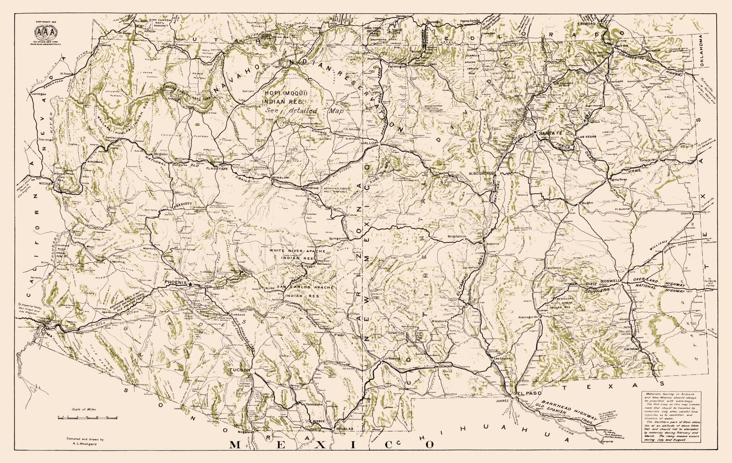 Topographical Map - Arizona New Mexico - Westgard 1919 - 36.31 x 23 - Vintage Wall Art