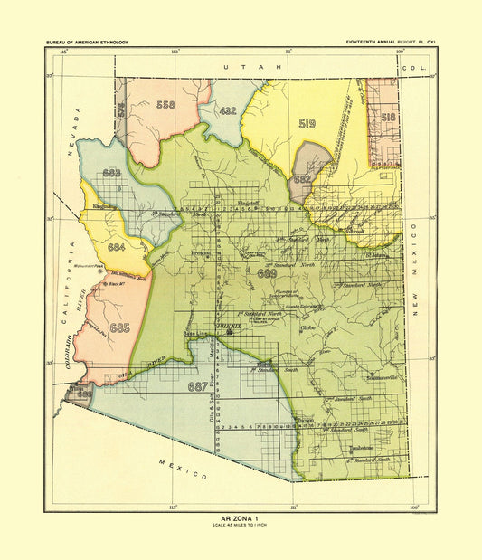 Historic State Map - Western Arizona - Hoen 1896 - 23 x 26.71 - Vintage Wall Art