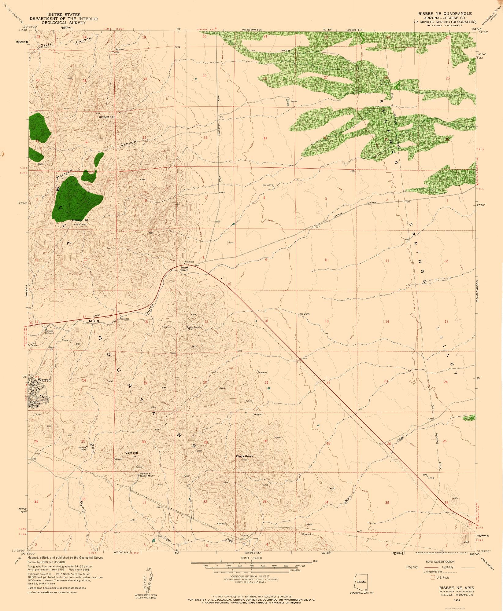 Topographical Map - North East Bisbee Arizona Quad - USGS 1958 - 23 x ...