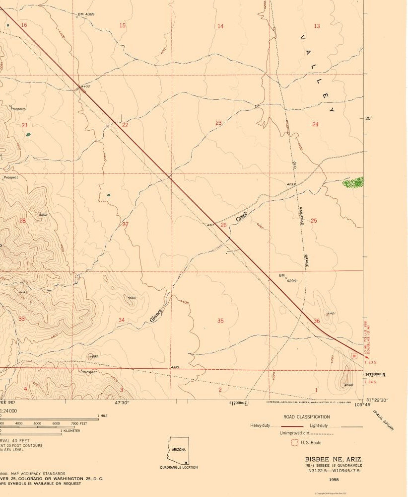 Topographical Map - North East Bisbee Arizona Quad - USGS 1958 - 23 x 27.96 - Vintage Wall Art