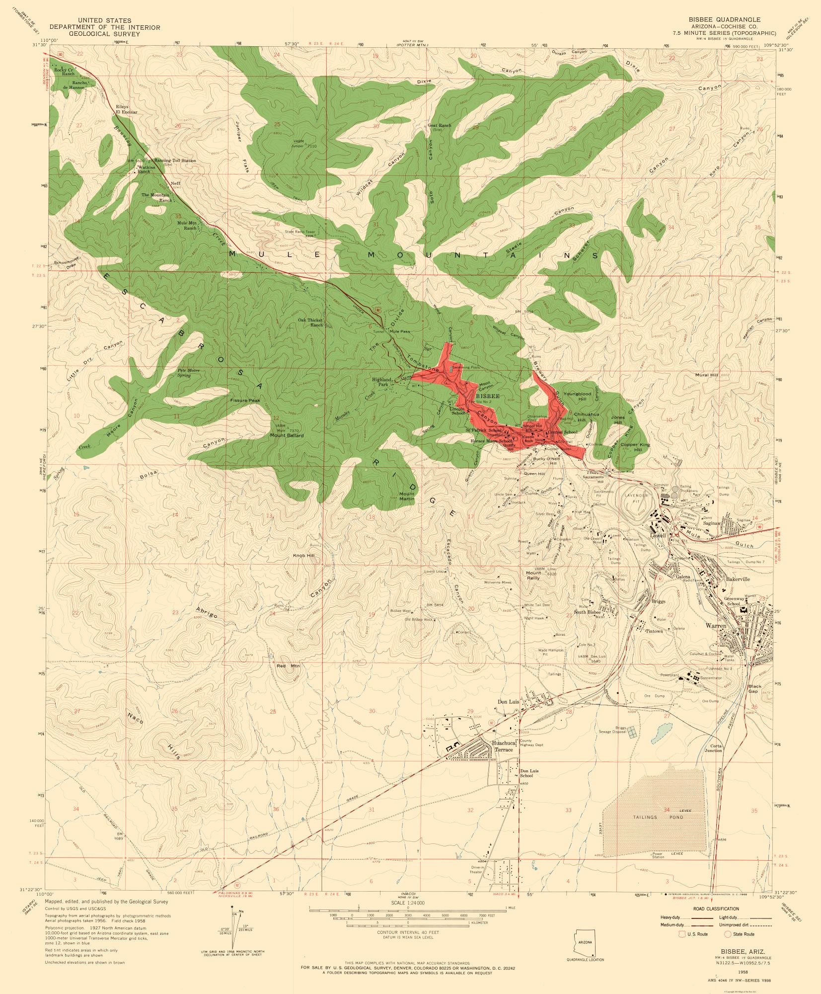 Topographical Map - Bisbee Arizona Quad - USGS 1958 - 23 x 27.83 - Vin ...