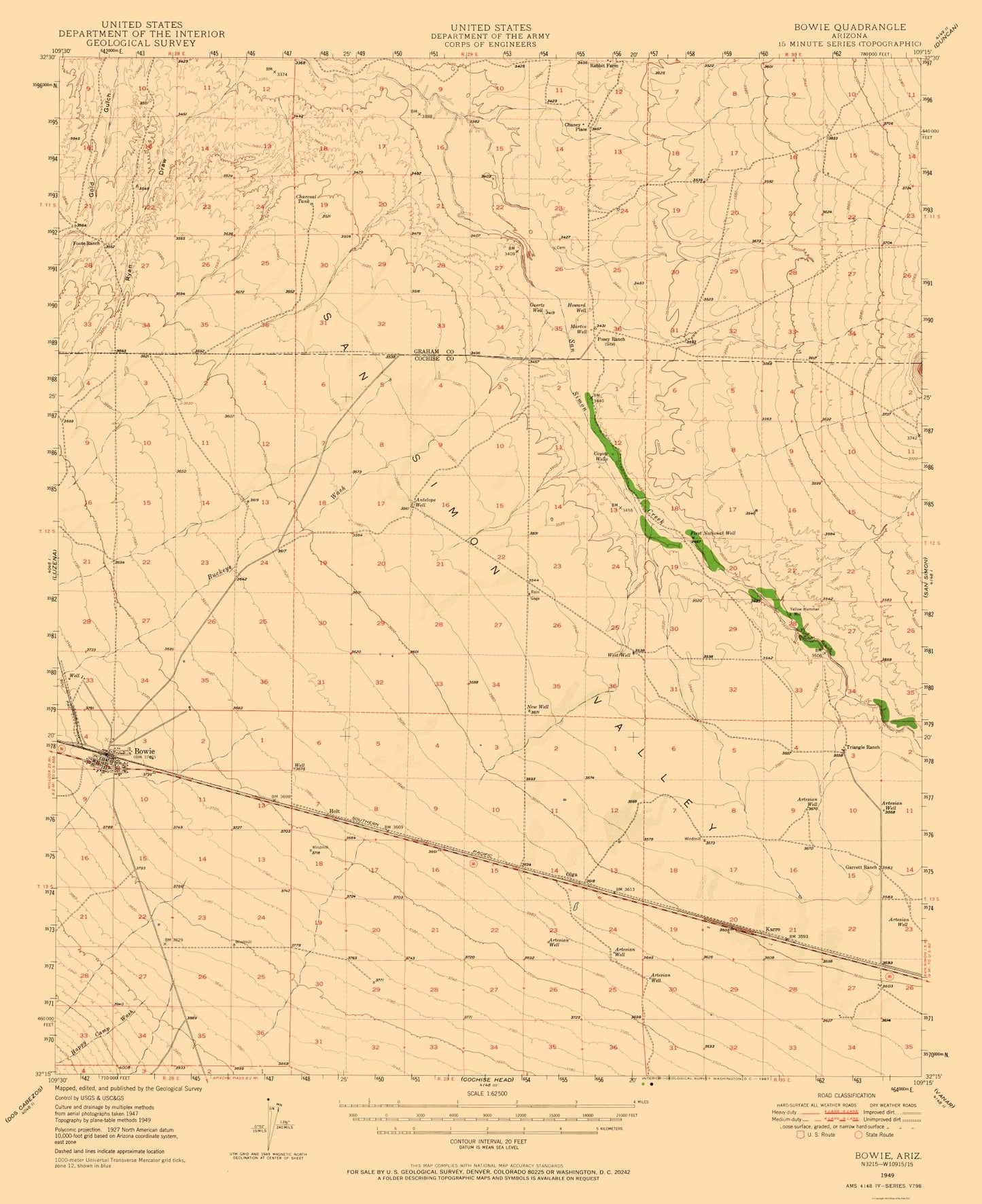 Topographical Map - Bowie Arizona Quad - USGS 1949 - 23 x 28.23 - Vintage Wall Art