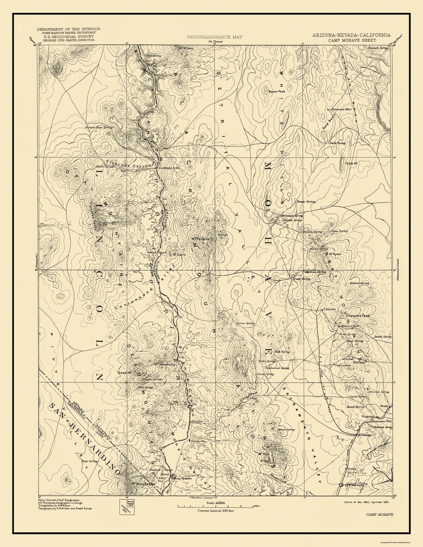 Topographical Map - Camp Mohave Arizona Sheet - USGS 1892 - 23 x 29.75 - Vintage Wall Art