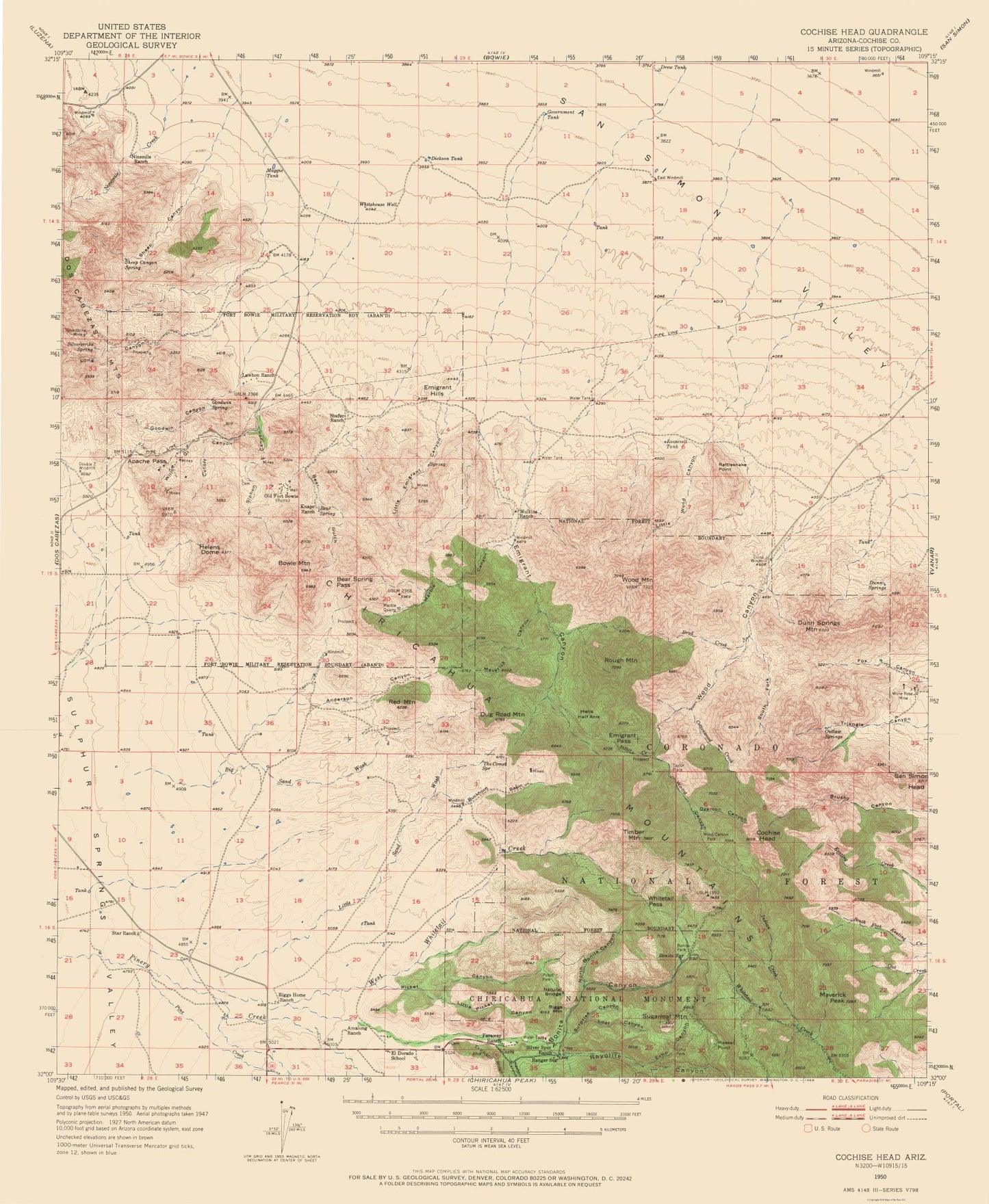 Topographical Map - Cochise Head Arizona Quad - USGS 1950 - 23 x 28.01 - Vintage Wall Art