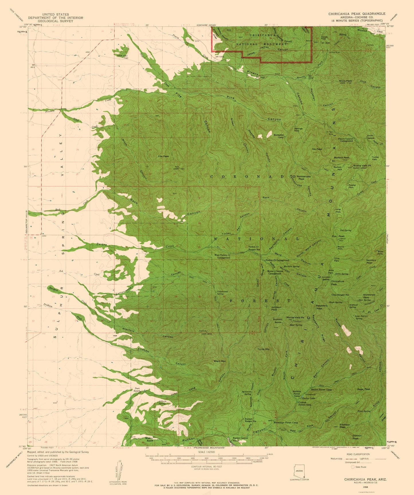 Topographical Map - Chiricahua Peak Arizona Quad - USGS 1958 - 23 x 27.47 - Vintage Wall Art