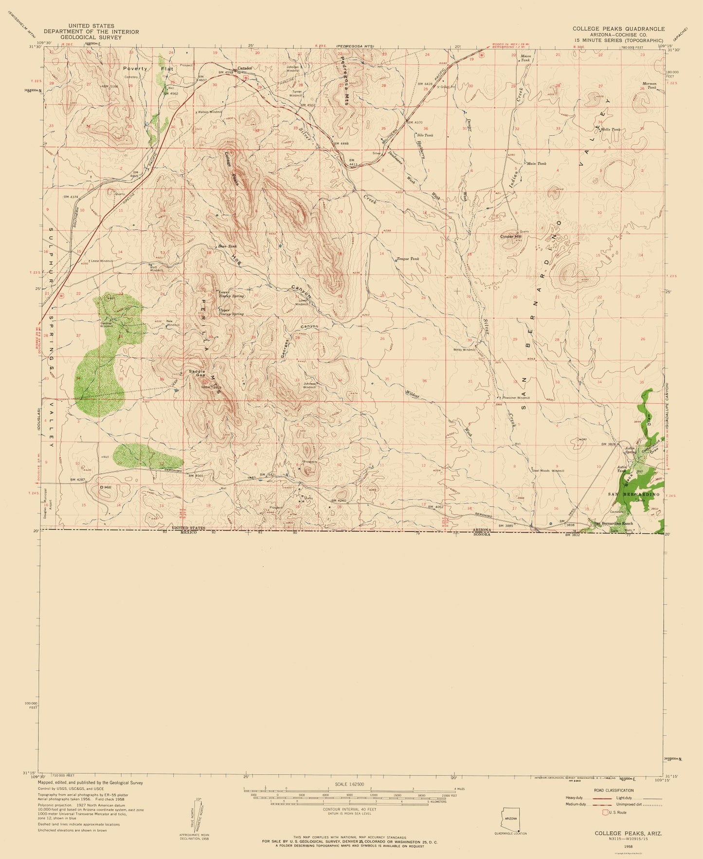 Topographical Map - College Peaks Arizona Quad - USGS 1958 - 23 x 28.09 - Vintage Wall Art