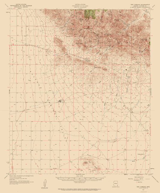 Topographical Map - Dos Cabezas Arizona Quad - USGS 1957 - 23 x 27.80 - Vintage Wall Art