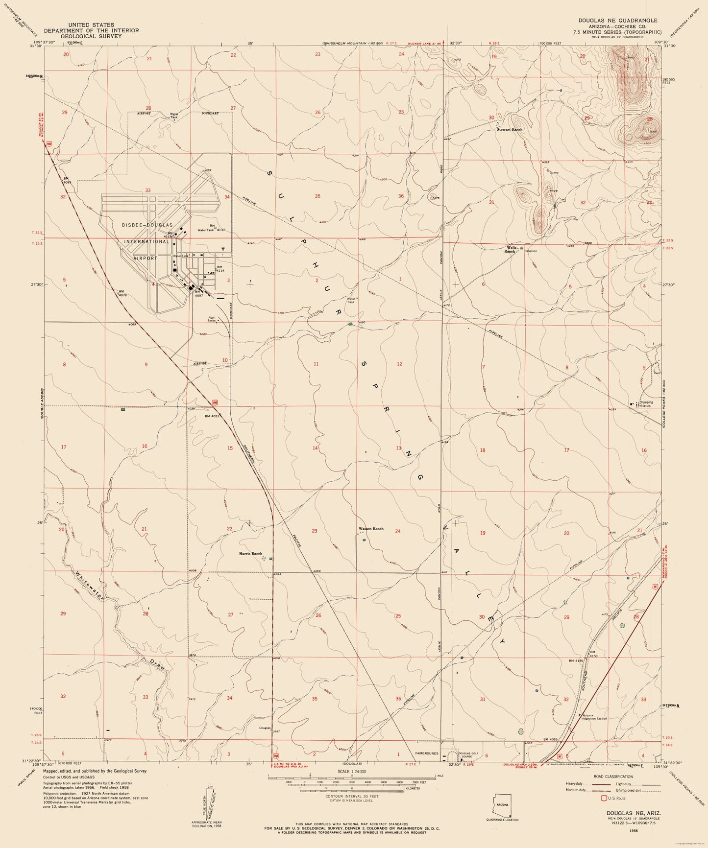 Topographical Map - North East Douglas Arizona Quad - USGS 1958 - 23 x 27.56 - Vintage Wall Art