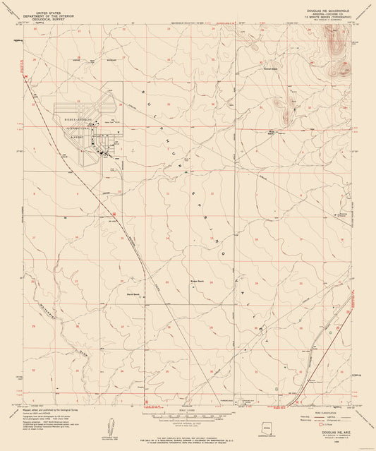 Topographical Map - North East Douglas Arizona Quad - USGS 1958 - 23 x 27.56 - Vintage Wall Art