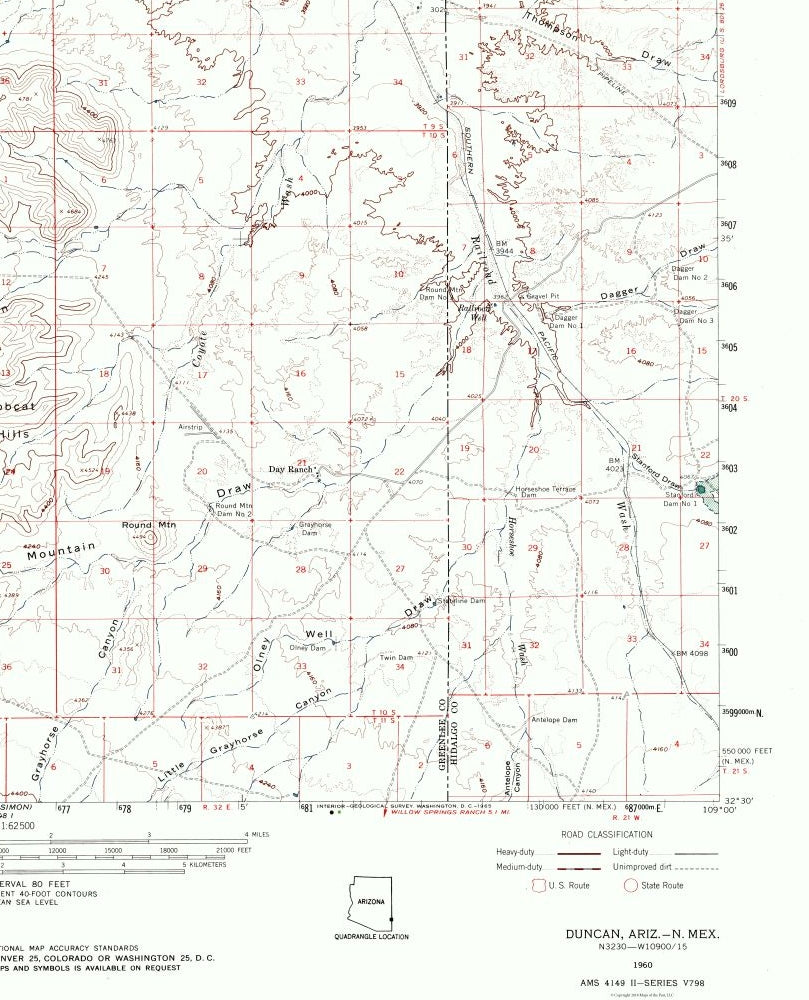 Topographical Map - Duncan Arizona Quad - USGS 1960 - 23 x 28.43 - Vintage Wall Art