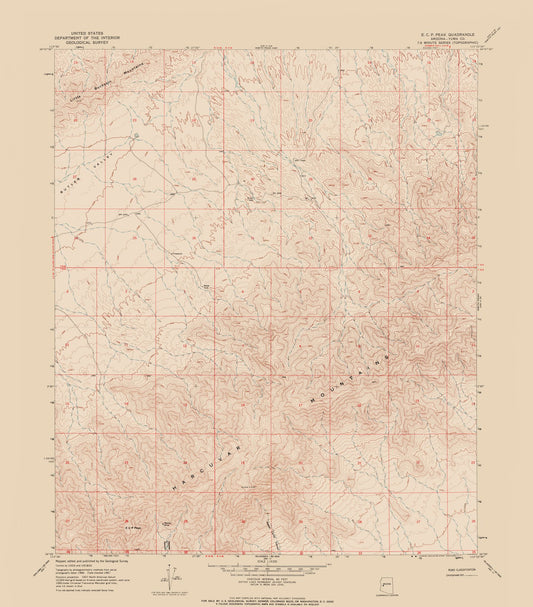 Topographical Map - E C P Peak Arizona Quad - USGS 1967 - 23 x 26.22 - Vintage Wall Art