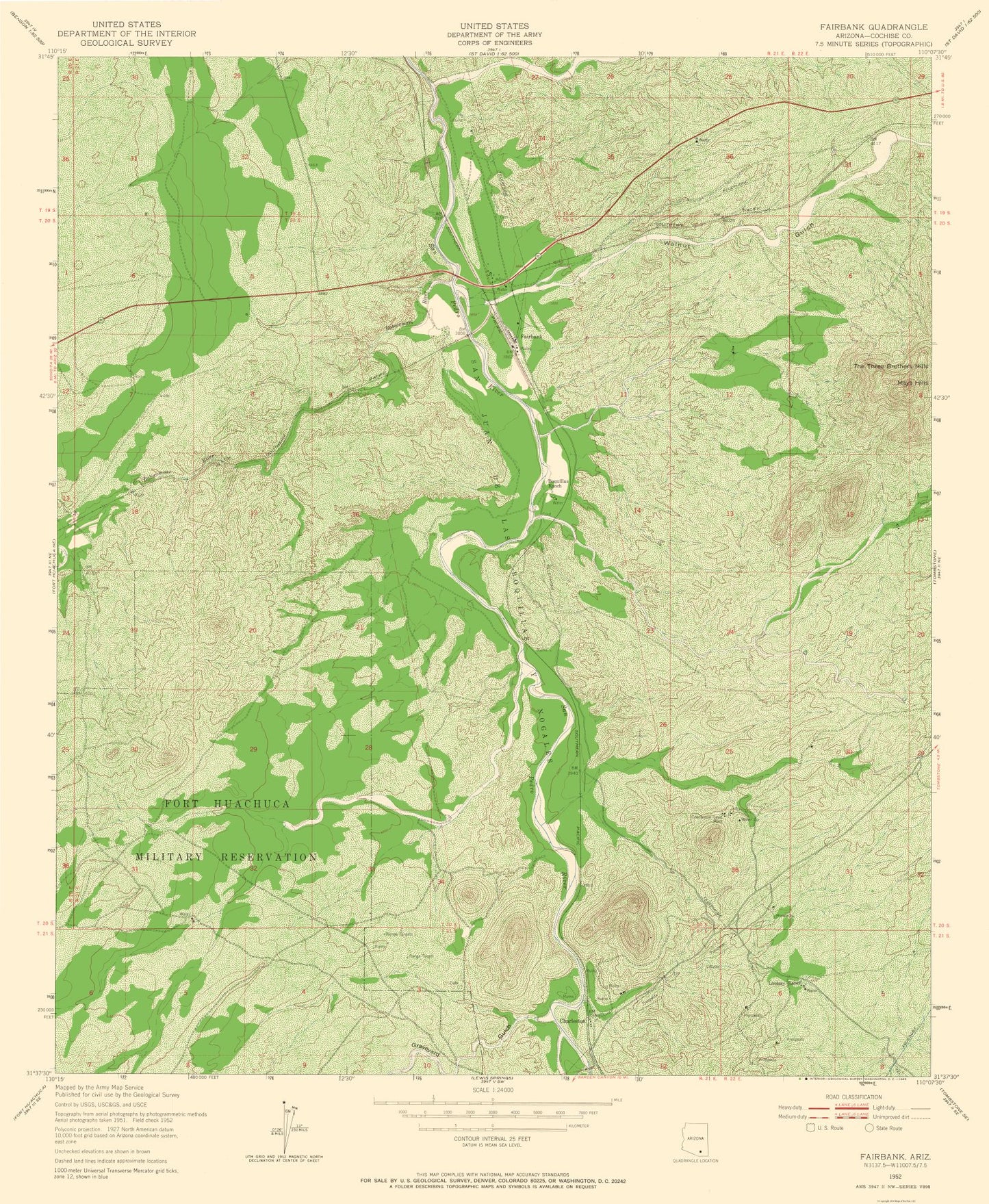 Topographical Map - Fairbank Arizona Quad - USGS 1952 - 23 x 28.00 - Vintage Wall Art