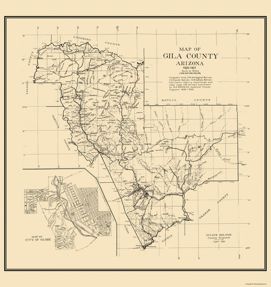 Historic County Map - Gila County Arizona - Newman 1921 - 23 x 24.38 - Vintage Wall Art