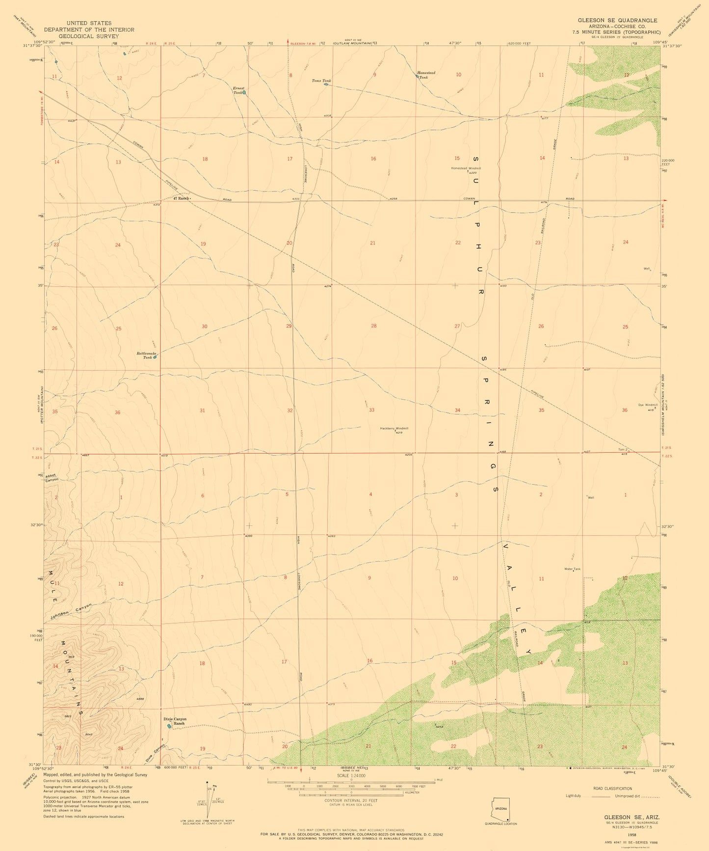 Topographical Map - South East Gleeson Arizona Quad - USGS 1958 - 23 x 27.57 - Vintage Wall Art