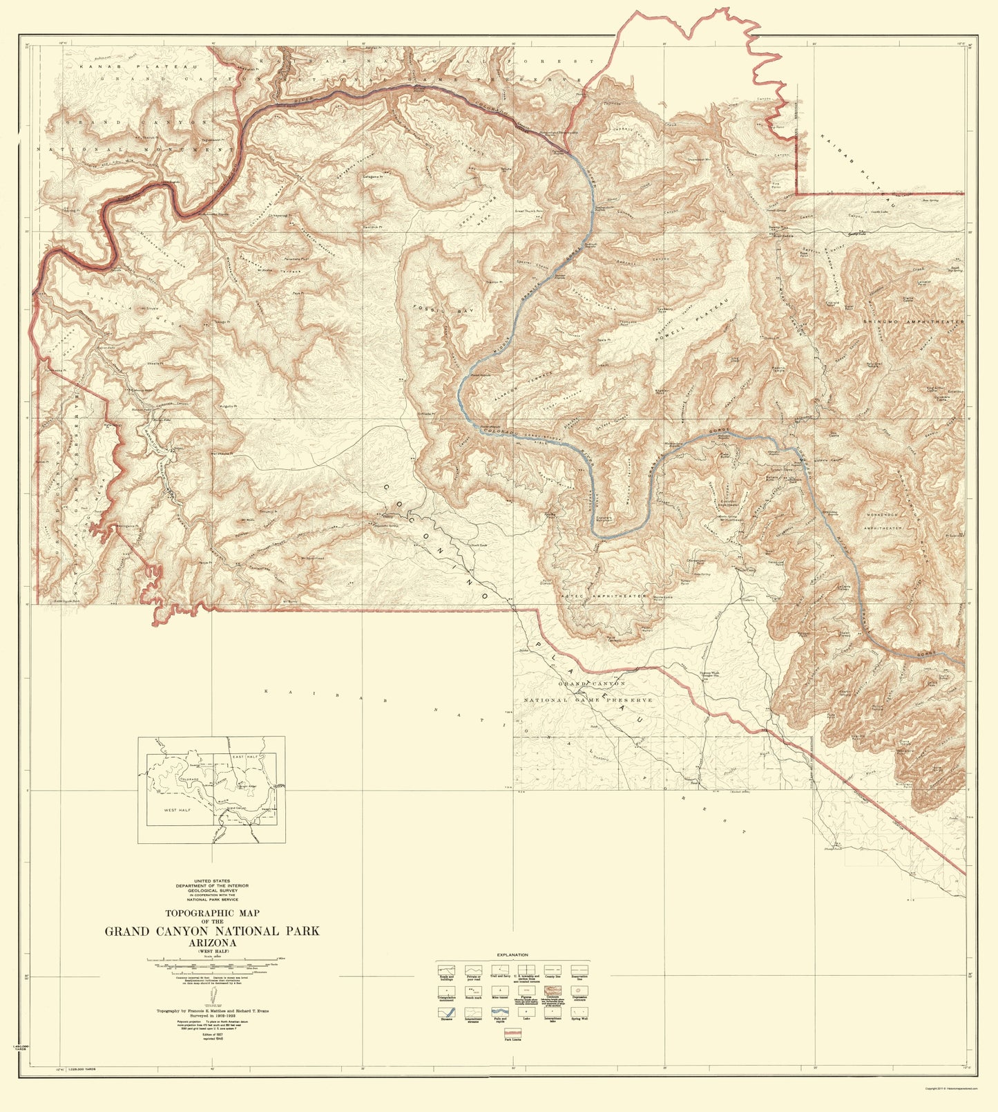 Topographical Map - Grand Canyon West Half Arizona - USGS 1927 - 23 x 25.62 - Vintage Wall Art