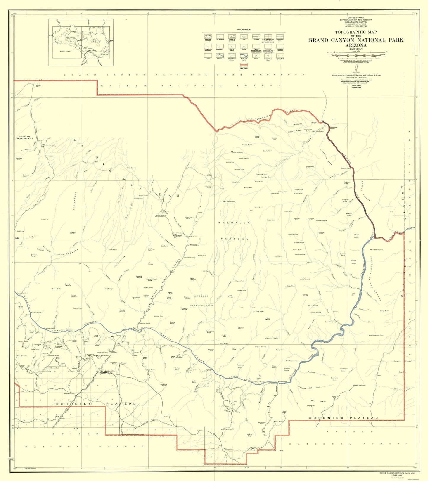 Topographical Map - Grand Canyon East Half Arizona - USGS 1927 - 23 x 25.87 - Vintage Wall Art