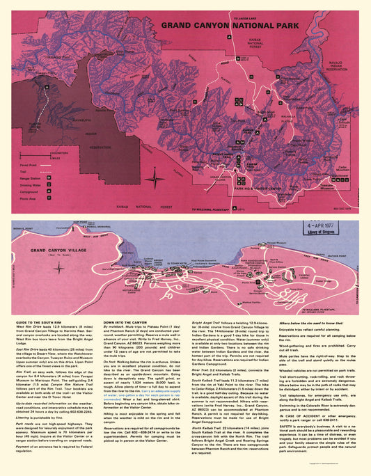 Historic State Map - Grand Canyon South Rim Arizona - US Park Services 1975 - 23 x 29.52 - Vintage Wall Art