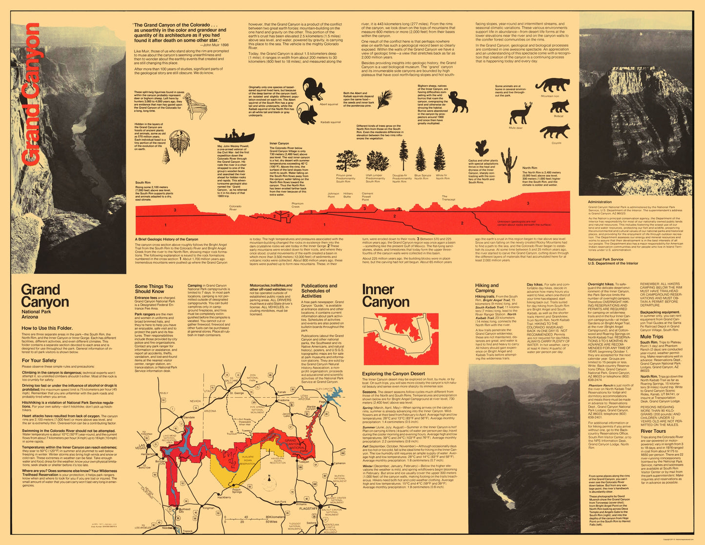 Historic State Map - Grand Canyon Visitors Brochure - US Park Services 1977 - 23 x 29 - Vintage Wall Art