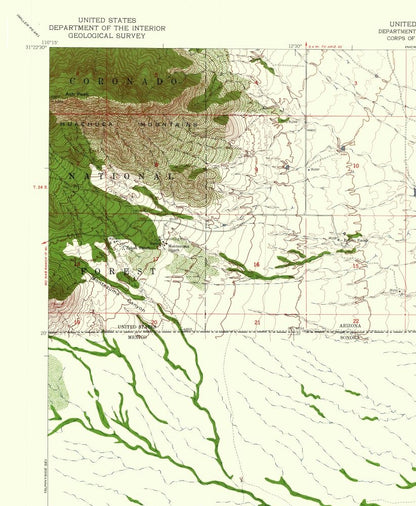 Topographical Map - South West Hereford Arizona Quad - USGS 1952 - 23 x 27.96 - Vintage Wall Art