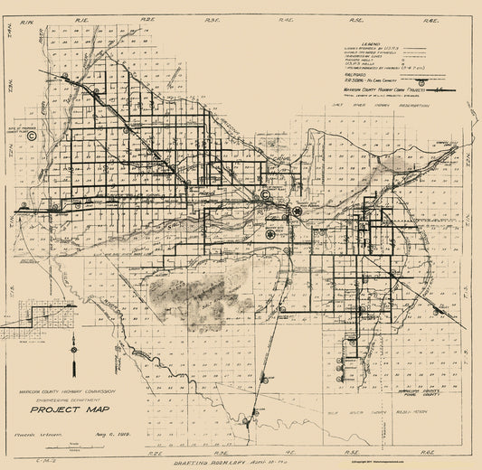 Historic County Map - Maricopa County Arizona Hwy Project - 1919 - 23.56 x 23 - Vintage Wall Art